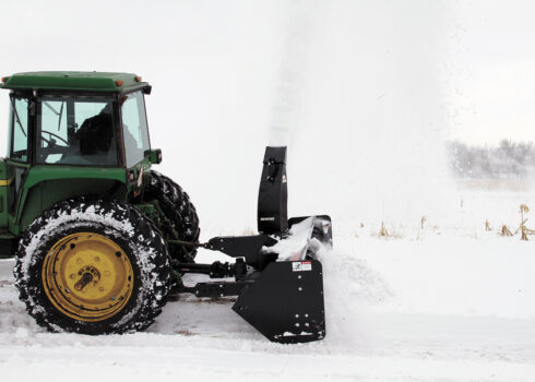 john deer tractor pulling 3-point pto heavy-duty rear mount snowblower side view